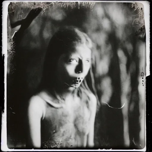 Image similar to an ancient evil-girl devouring the human souls on a mysterious Colombian jungle, mist, abandoned house, 1910 polaroid photography, grainy film, Black and white