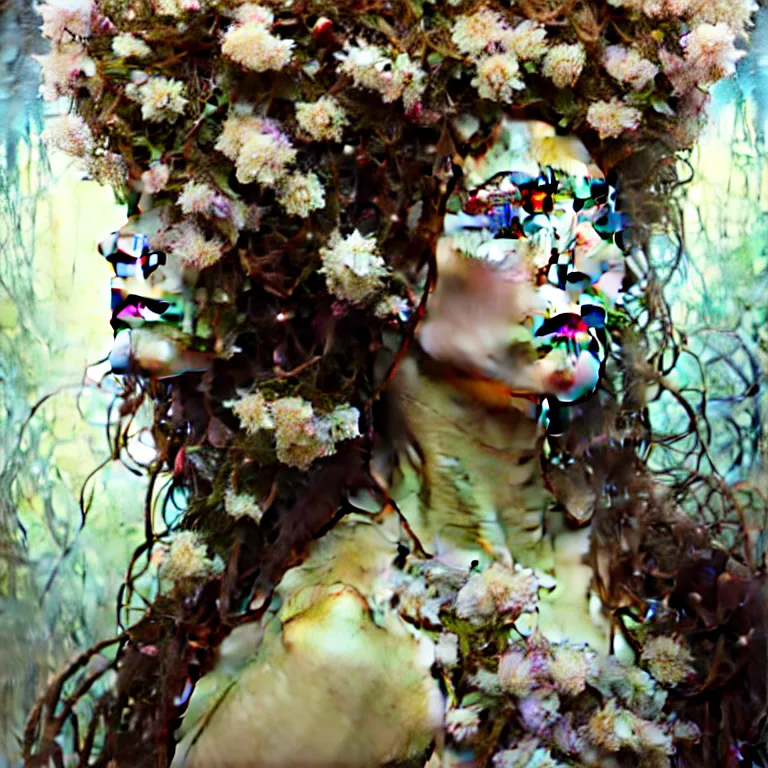 Prompt: hyperrealist realistic wonderful face portrait of a queen, it is decorated with white flowers on the head that fall like vines and wears a huge computer crown. by jeremy mann and alphonse mucha, fantasy art, photo realistic, dynamic lighting, artstation, poster, volumetric lighting, very detailed faces, 4 k, award winning