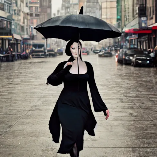 Image similar to morticia addams holding an parasol during a [ humid, rainy day ] as she saunters across the city, trending on artstation, 4 k photorealism, unsplash contest winner, shot by jimmy nelson