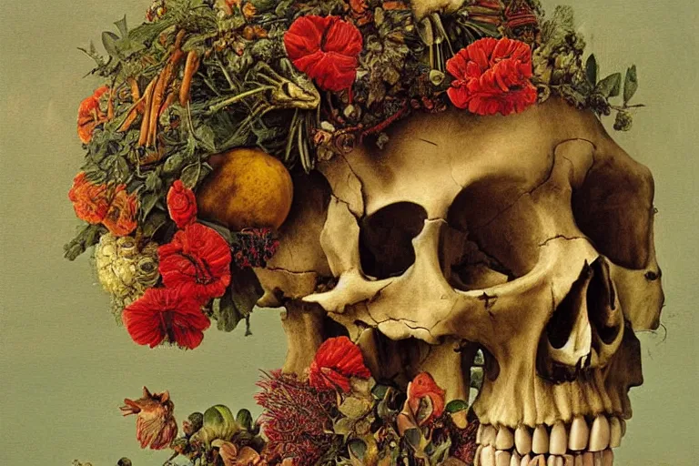 Prompt: a painting of an angel with a skull head, he is holding a tridant. by arcimboldo giuseppe