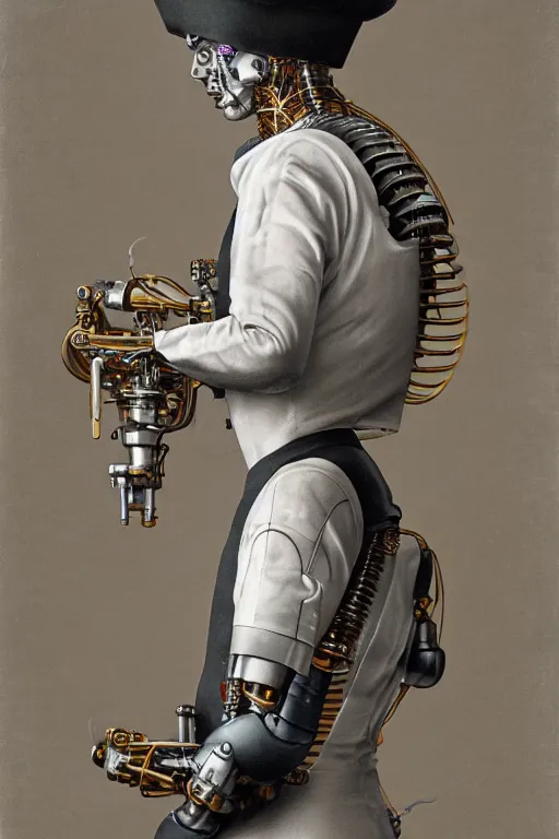 Prompt: a beautiful ultradetailed vintage photo of a futuristic cybernetic cyborg male wearing a tall white chef hat and an apron, by tom bagshaw and natalie shau, portrait, 3 5 mm lens, golden ratio composition, detailed face, studio photography, very detailed, humanoids, industrial robots, artstation, 8 k, highly coherent