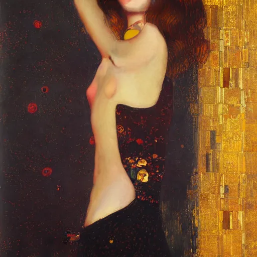 Prompt: modern woman | hyperrealistic | action pose | digital painting | trending on artstation | pinup portrait | clean | illustration | dressed | Unreal Engine 5 | 8k resolution | by Greg Rutkowski Gustav Klimt, J.W. Waterhouse