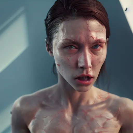 Prompt: A young woman with translucent skin, visible muscles, tendons, veins, screaming in pain, cinematic lighting, sharp focus, 8k, octane render, highly detailed, very realistic, unreal engine, photorealistic