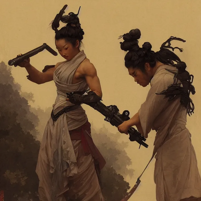 Image similar to a samurai holding a machine gun, au naturel, intricate, hyper realise, digital art, artstation, concept art, smooth render, sharp focus, ian sprigger, artgerm, greg rutkowski, alphonse mucha, william adolphe bouguereau