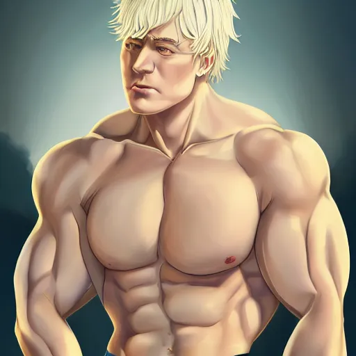 Prompt: portrait of the immensely handsome bodybuilder Stephen Fry with beautiful long pale blond hair, albino white pale skin, posing for a photoshoot in the golden hour, white dress shirt open at the chest, broad shoulders and huge thick arms, ambient lighting, 4k, anime key visual, lois van baarle, ilya kuvshinov, rossdraws, artstation