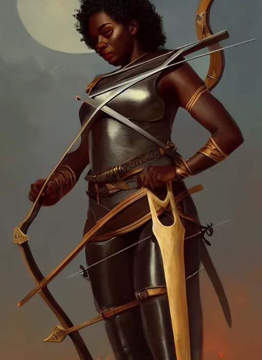 Image similar to full body portrait of beautiful black woman as a medieval archer, aiming her crossbow, cinematic and dramatic, highly detailed, digital painting, artstation, concept art, smooth, sharp focus, illustration, face by wlop, illustrated by mars ravelo and greg rutkowski