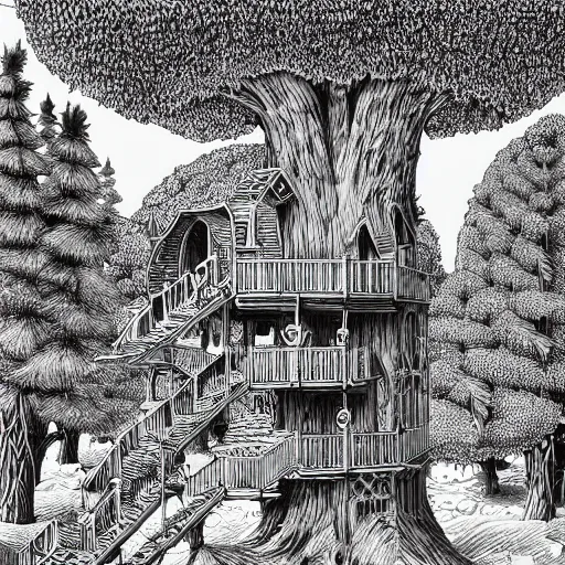 Prompt: Isometric view of a tree house society, intricate, illustration, hyper detailed, detailed