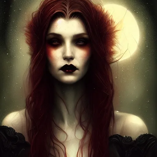 Image similar to Portrait of a Riveting vampire woman!, atmospheric-lighting, gothic makeup, intricate, Transylvanian castle, volumetric lighting, beautiful, starlit sky, sharp focus, ultra-detailed, by Tom Bagshaw Leesha Hannigan, Ross Tran, Thierry Doizon, Kai Carpenter, Ignacio Fernández Ríos