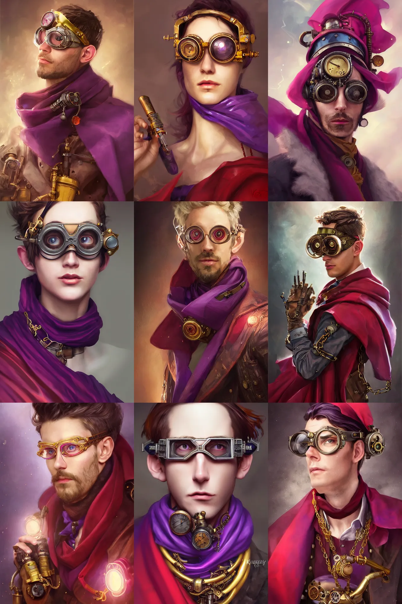 Prompt: a ( man personified as a chemist ), beauty portrait, fantasy chemistry, steampunk goggles, red scarf, purple cape, gold jewelry, digital art by krenz cushart, laurie greasly, wlop, artgerm, intricate, highly detailed, sharp focus, smooth, epic composition, joyful, unreal engine