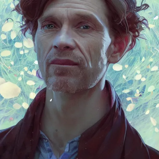 Prompt: a portrait of willem defoe looking up as flower petals flow gently as a breeze blows them from left to right on a cloudy day with blue skies, art by artgerm and greg rutkowski and magali villeneuve and alphonse mucha and rossdraws and makoto shinkai, d & d, fantasy, highly detailed, digital painting, trending on artstation