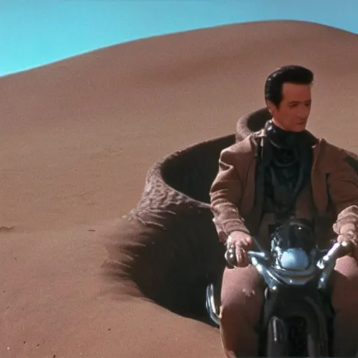 Prompt: A still of Agent Cooper from Twin Peaks riding a giant sandworm in Dune (1984)