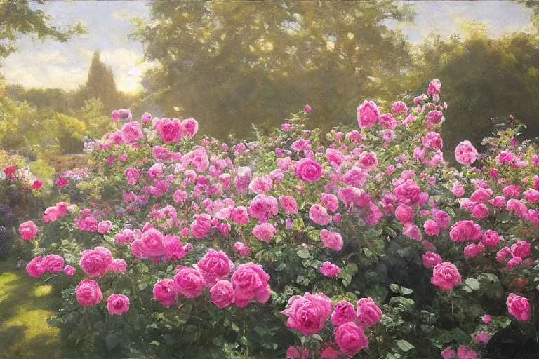 Prompt: rose garden in the morning sun, award winning by henrietta rae and raphael!