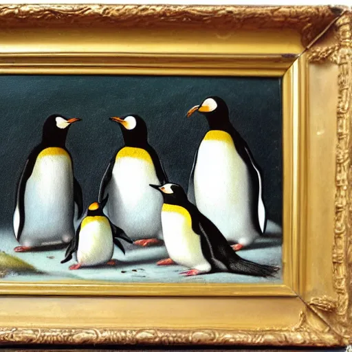 Prompt: a family portrait of penguins, vintage 1800s painting