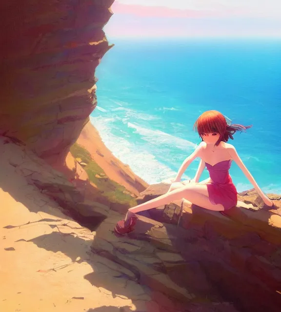 Image similar to a girl sitting on a cliff overlooking a beach. vivid colors, soft lighting, atmospheric, cinematic, moody, in the style of ilya kuvshinov and range murata, krenz cushart, oil on canvas, 8 k