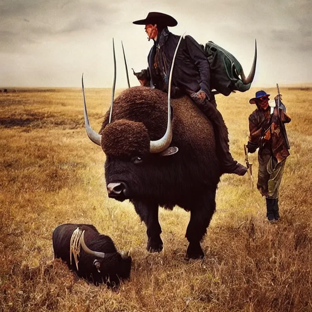 Image similar to incredible modern evocative artwork of buffalo hunters, buffalo midnight in the style of tim walker fashion photography, buffalos hunting hunters