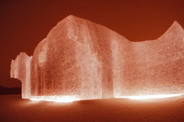 Prompt: cinestill of a huge backlit ice sculpture in the sahara desert