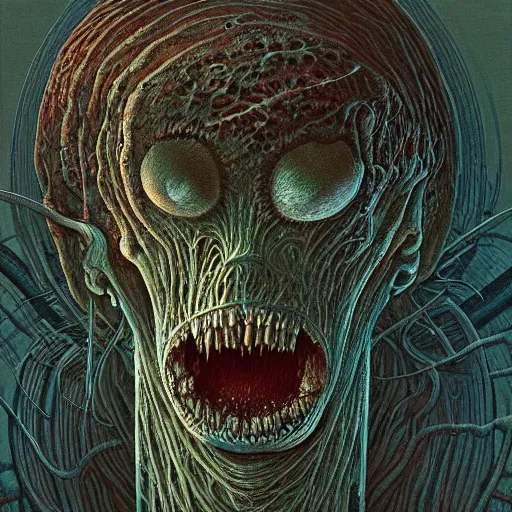 Image similar to iconic hybrid infected mushroom alien, album hyper detailed art style by Zdiszlaw Beksinski and Toshihiro Egawa and H.R. Giger and Artstation trending 8k