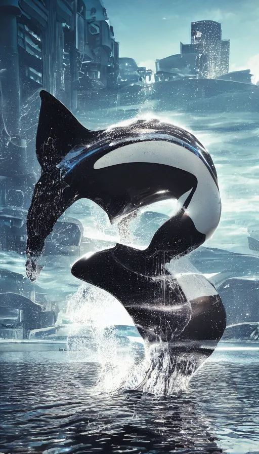 Prompt: color pentax photograph of a biomechanical orca spirit emerging from the sea, made up of bits of plastic and skin and metal, shiny, wet, made of nanomaterials, metallic, cyberpunk, post apocalyptic, hyper realistic, epic angle, beautiful composition, octane render, unreal engine render, 8k, super detailed, SLICK!!