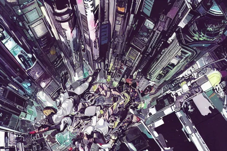 Image similar to a cyberpunk illustration of a group of female androids in style of masamune shirow, lying on an abstract, empty, white floor with their body parts scattered around in various poses and cables and wires coming out, by yukito kishiro and katsuhiro otomo, hyper-detailed, intricate, view from above