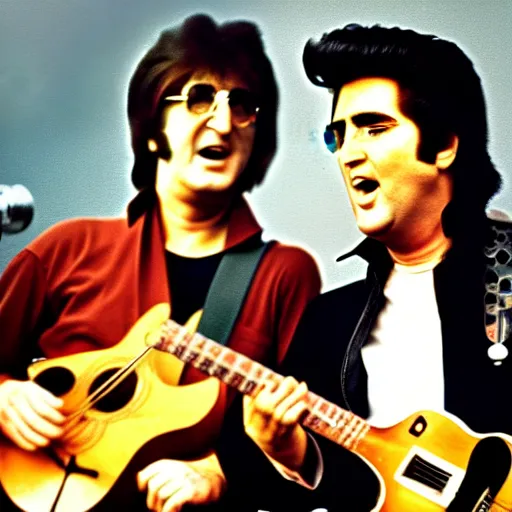 Prompt: john lennon and elvis singing together in the same microphone, color concert photography from the 70s, bokeh, 4k