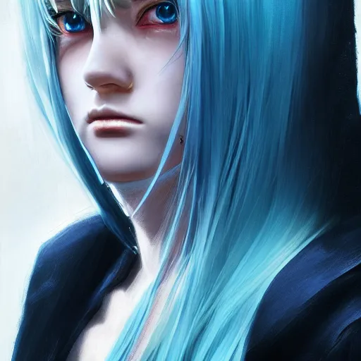 Image similar to full face shot of rimuru tempest, sky blue straight hair, long bangs, with amber eyes, wearing a black jacket, high collar, ultra detailed, concept art, award winning photography, digital painting, cinematic, wlop artstation, closeup, pixiv, evil, yoshitaka amano, andy warhol, ilya kuvshinov,