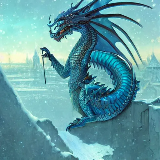 Image similar to Beautiful scaly blue dragon in a snowy city made of ice, tundra, reflections, sparkle, full of details, matte painting, a fantasy digital painting, artstation, concept art, sharp focus, illustration, art by greg rutkowski, alphonse mucha, anne stokes