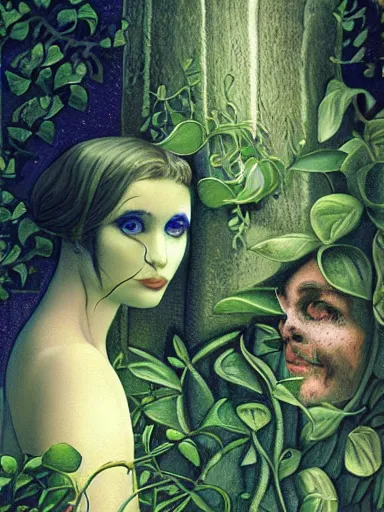 Prompt: The Hanging-Gardens of Pareidolia, lobelia, ivy, verbena and pothos growing facial features and optical-illusions, aesthetic!!!!!!!!!!!!!!!!, by Chris Tulloch McCabe in the style of Gerald Brom,