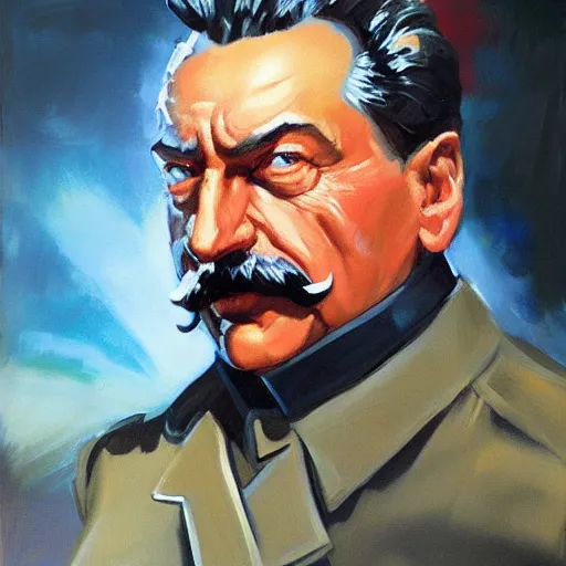 Prompt: greg manchess portrait painting of stalin as t - 8 0 0 terminator, medium shot, asymmetrical, profile picture, organic painting, sunny day, matte painting, bold shapes, hard edges, street art, trending on artstation, by huang guangjian and gil elvgren and sachin teng