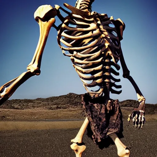 Image similar to a giant skeleton walking swaggerly