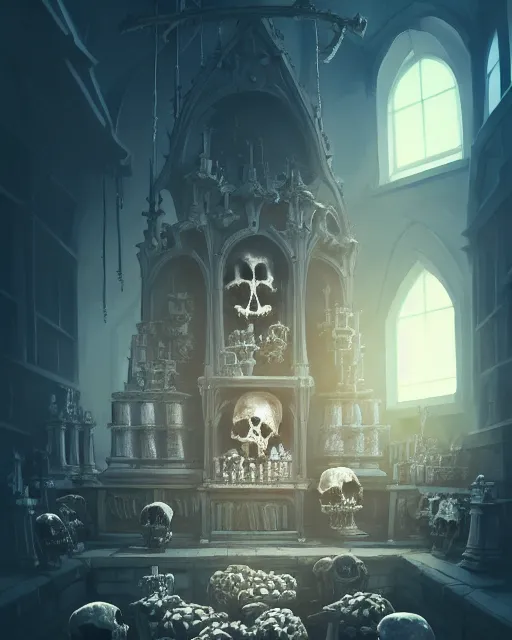 Image similar to full color, low ultrawide interior shot of sedlec ossuary, bones, smooth concept art in anime style mixed with fujifilm, dark, foggy, atmospheric, artstation, cgsociety, rendered, denoise, cinematic masterpiece