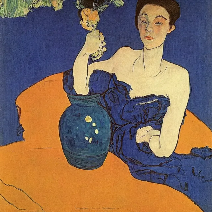 Image similar to woman with painted vase with vase. deep dark indigo blue. henri de toulouse - lautrec, ferdand hodler, egon schiele, gauguin, utamaro