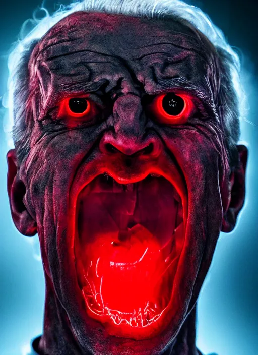 Image similar to hyper realistic ultra realistic horror terror dimensional photo furious glowing red eyes biden, high quality photo, detailed , 8k