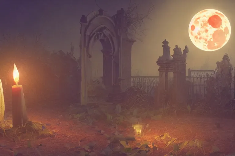 Prompt: an ultra detailed animation of a candle in a graveyard at midnight on halloween, digital art, dark fantasy, concept art, soulslike, by alphonse mucha, blood moon eclipse, ruined building in the background, artstation, 8 k, unreal engine render