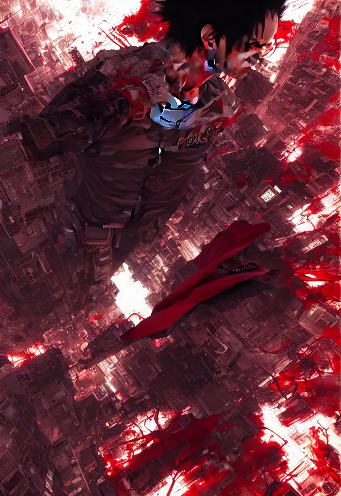 Image similar to tetsuo over neo - tokyo, red cape, akira | anime, matte painting, dystopian megacity neo - tokyo akira, shaded perfect, fine details. realistic shaded lighting anime manga artwork by katsuhiro otomo, akira, artgerm, jeremy lipkin and michael garmash and rob rey