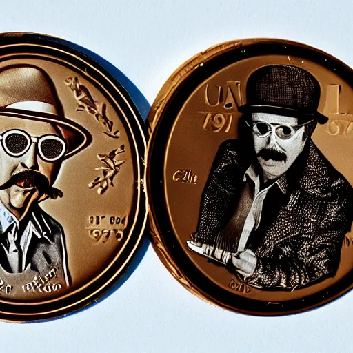 Image similar to A photograph of a delicious unwrapped chocolate coin which is engraved with a portrait of leon redbone circa 1975, smoking a cigar and wearing a greek fisherman's cap, highly detailed, close-up product photo, depth of field, sharp focus, soft lighting