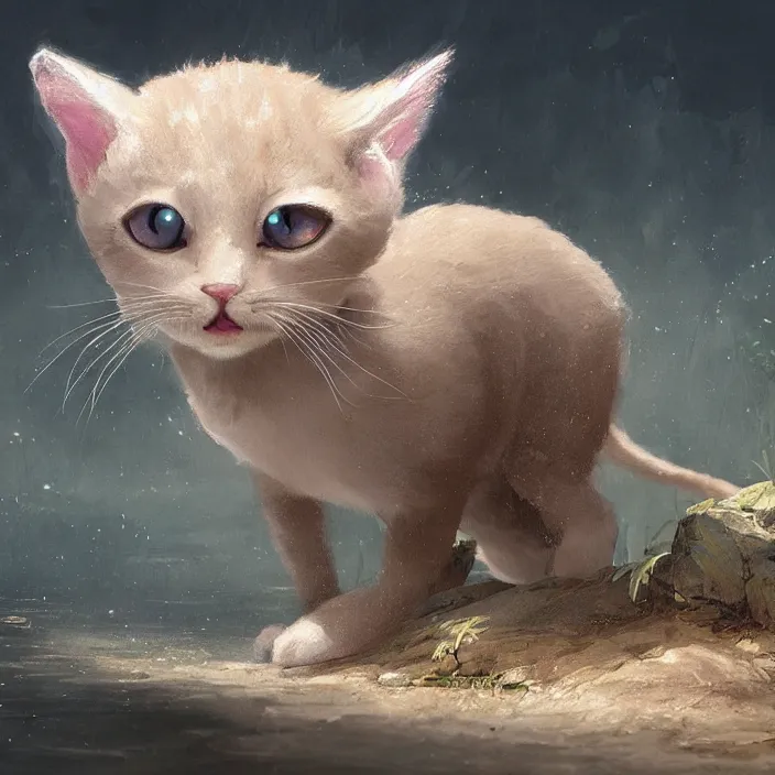 Image similar to a painting of a cute light beige kitten with dark brown ears and face and legs and tail and white paws at a river. character design by cory loftis, fenghua zhong, ryohei hase, ismail inceoglu and ruan jia. volumetric light, detailed, rendered in octane