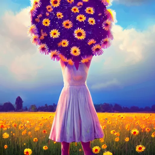 Prompt: full body daisy flower head, girl standing in a flower field, head hidden behind huge daisy flower, surreal photography, sunrise, dramatic light, impressionist painting, colorful clouds, digital painting, artstation, simon stalenhag