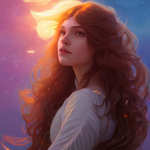 Image similar to aurora, girl with super long hair, hair becoming bright stars, intricate, highly detailed, digital painting, artstation, concept art, smooth, sharp focus, illustration, unreal engine 5, 8 k, art by artgerm and greg rutkowski and alphonse mucha