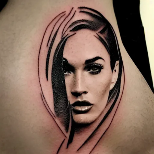 Image similar to double - exposure tattoo sketch of megan fox shaped in beautiful mountains, in the style of dan mountford