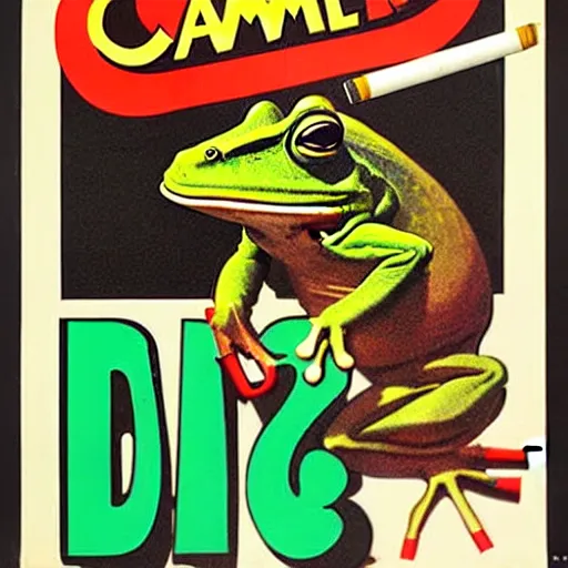 Image similar to A 1960s poster for Camel cigarettes with Camel Joe as a frog smoking a cigarette
