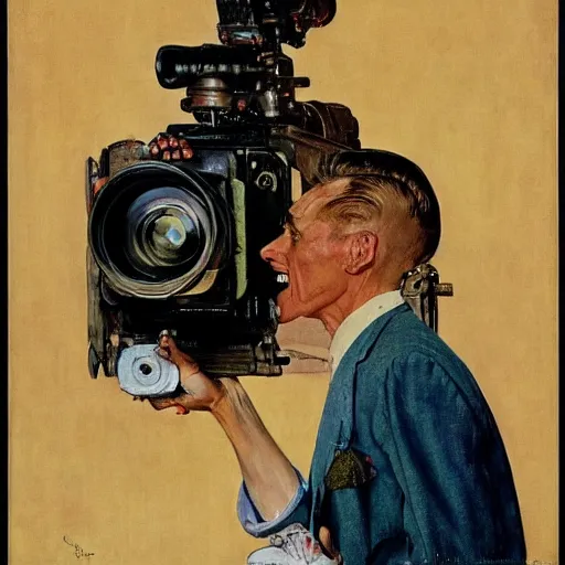 Image similar to norman rockwell painting of a man holding a large television - video - camera