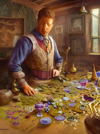 Prompt: a magical male socerer, working in a table full of artifacts. weeds anf flowers growing on the floor. intricate, elegant, highly detailed, digital painting, artstation, concept art, sharp focus, illustration, by justin gerard and artgerm, 8 k