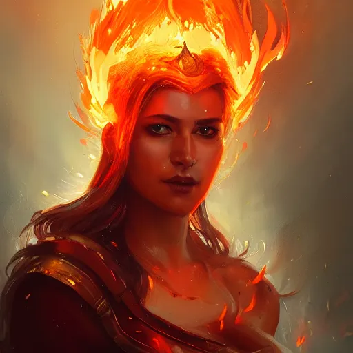 Image similar to a beautiful portrait of a flame goddess by Greg Rutkowski and Raymond Swanland, Trending on Artstation, Flaming Background, ultra realistic digital art