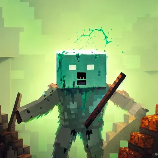 Image similar to painting by greg rutkowski of a minecraft drowned zombie with glowing cyan eyes, wearing ragged clothing and and algae growing on it, holding a trident, underwater