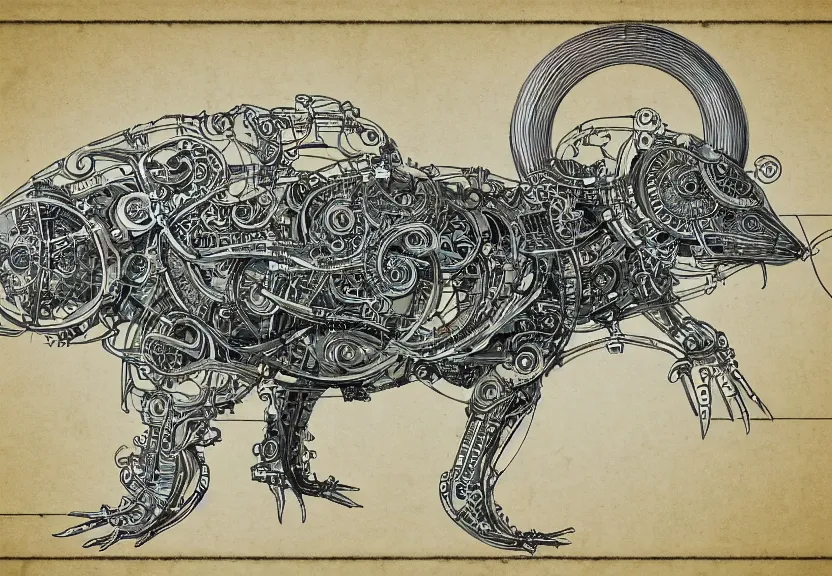 Image similar to spacious schematic blueprint of highly detailed ornate filigreed convoluted ornamented elaborate cybernetic rat standing in a white void, full body, character design, inside frame, art by da vinci