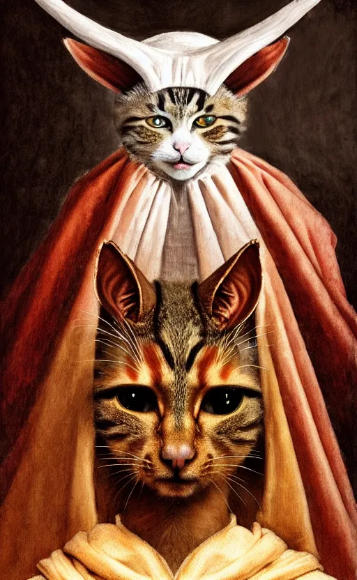 Image similar to a bipedal cat that has goat horns, anthropomorphic cat that is wearing robes, oil painting, by leonardo da vinci, d & d, fantasy, concept art, cosmic, magical, fog, noble, full body portrait, intricate, ornate, extremely detailed, cult, ritual, sharp focus, 4 k, 8 k