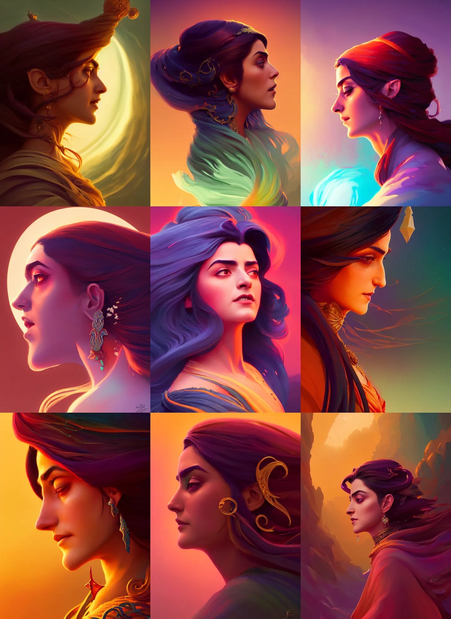 Prompt: side profile centered painted portrait, Maya Ali as a wind sorceress, D&D, Gloomhaven, matte painting concept art, art nouveau, beautifully backlit, swirly vibrant color lines, aesthetic octane render, 8K HD Resolution, by ilya kuvshinov and Cushart Krentz and Gilleard James