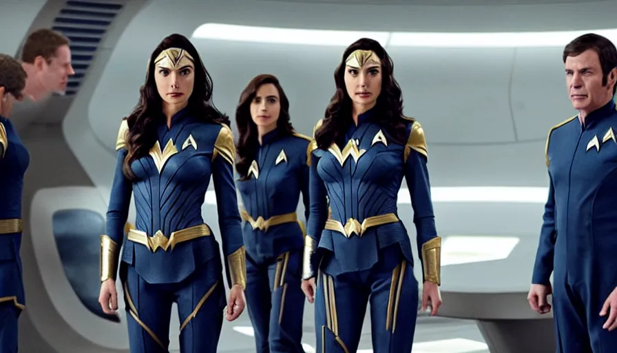 Image similar to Gal Gadot, in full starfleet uniform, is the captain of the starship Enterprise in the new Star Trek movie