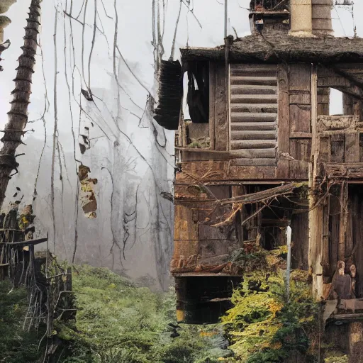Image similar to a cinematic movie shot of a rustic multi-story ramshackle hut in the magical forest