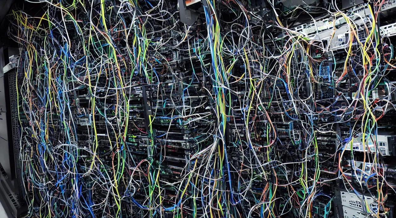 Prompt: broken corrupted server rack computer crypto mining data center servers equipment wires cables, chaotic 5 5 mm photography detailed footage